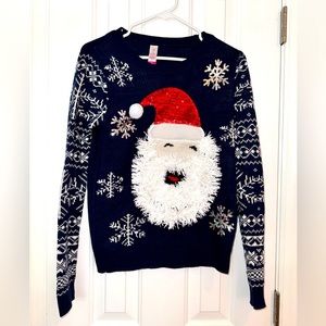 Blue Santa Sweater with tinsel beard with red sequins hat and silver snowflakes